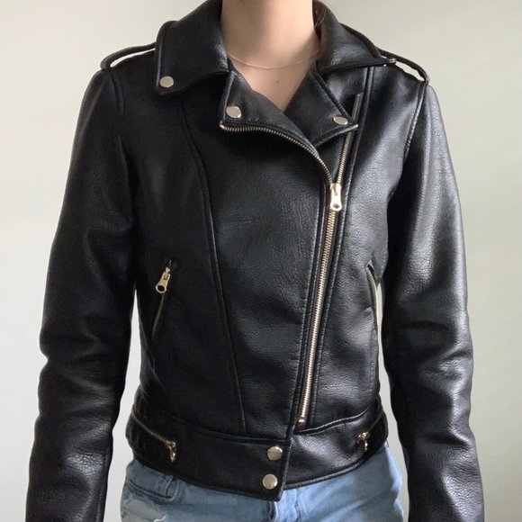 Fully-Lined Vegan Leather Biker Moto Motorcycle Jacket with Gold Zipper Hardware - Picture 8 of 13